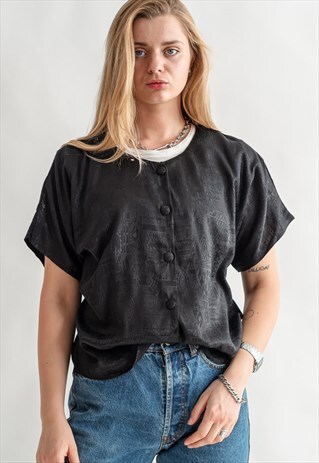VINTAGE 70S BOHO BLOUSE IN BLACK SATIN