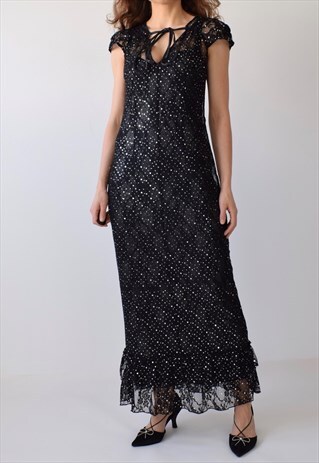 VINTAGE 90S DOES 70S LONG SEQUIN FRILL HEM SHEER LACE DRESS