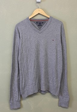 Vintage Tommy Hilfiger Jumper Grey Knitted With Chest Logo 