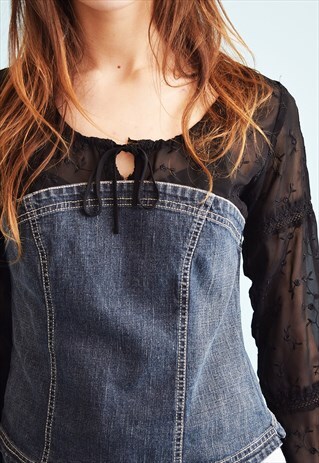 Y2K RETRO DENIM & KITSCH SHEER TEEN TOP BLOUSE