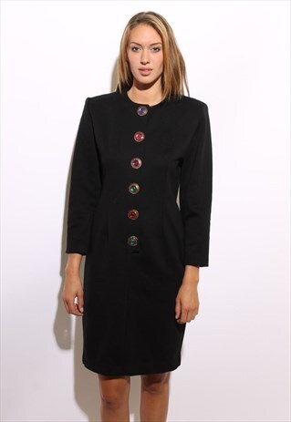 VINTAGE 1980'S 80'S BLACK LONG SLEEVE GEM BUTTON DRESS L-XL