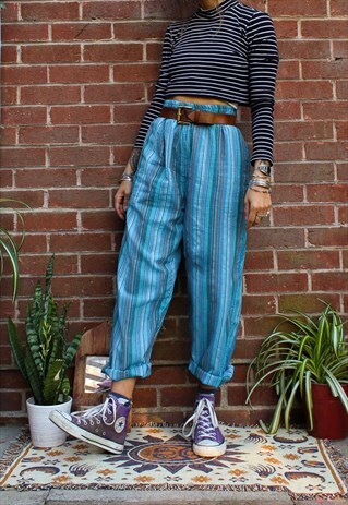 Festival Turquoise Striped Cotton Trousers