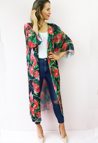 PROTEA PRINT FESTIVAL BEACH COVER UP KIMONO TOP