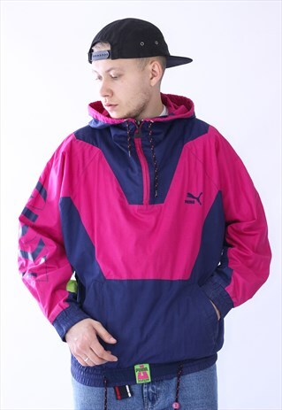 VINTAGE MENS PUMA HALF ZIP HOODED ANORAK JACKET