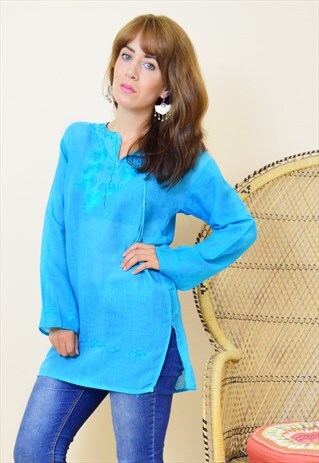VINTAGE BOHO EMBROIDERED TUNIC TOP IN TURQUOISE BLUE