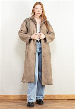 Vintage 80's Women Sheepskin Leather Coat in Beige