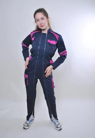 Vintage one piece utility suit, women blue worker overall 