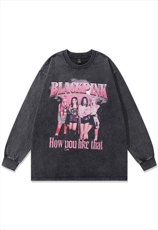 BLACKPINK T-SHIRT VINTAGE WASH TOP GIRL BAND PRINT LONG TEE