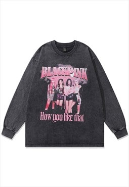 Blackpink t-shirt vintage wash top girl band print long tee