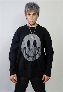 Emoji sweater smile print knitted jumper Gothic tassels top 