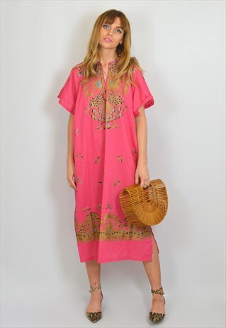 VINTAGE 70S PINK BOHO HIPPY PATTERNED KAFTAN DRESS