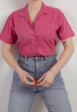 Vintage 70s Pink Mini Paisley Short Sleeve Button Up Shirt 
