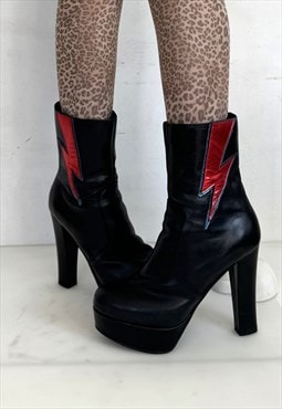 Vintage Y2K lightning leather platform boots in black & red