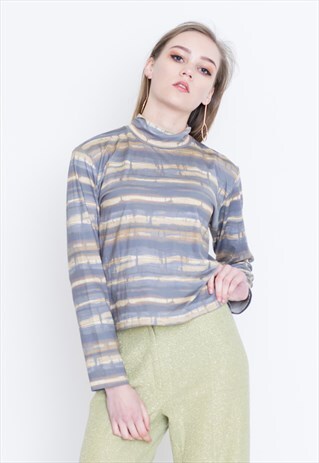 VINTAGE BLUE BROWN STRIPED RETRO TURTLE NECK GOLF JUMPER