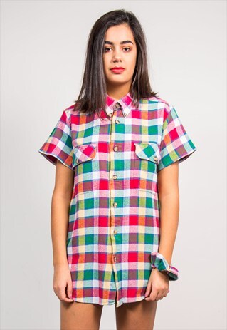 VINTAGE 90'S BRIGHT CHECK PATTERN FLANNEL REWORK SHIRT DRESS