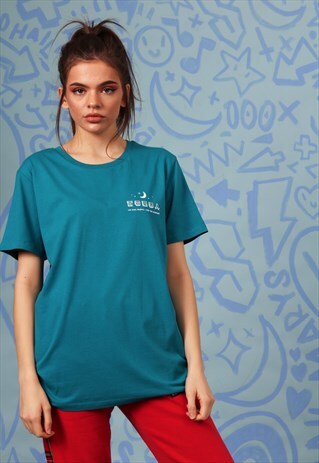 TSHIRT IN TURQUOISE GREEN ORGANIC COTTON WITH GRAPHIC PRINT