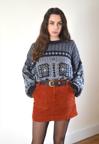 80S VINTAGE GREY AND BLACK PATTERN KNIT JUMPER