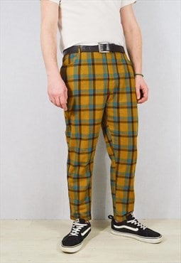 Mens Slim Fit Lined Tartan Cropped Check Trousers Mustard