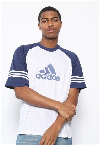 VINTAGE ADIDAS BIG LOGO T-SHIRT WHITE AND BLUE