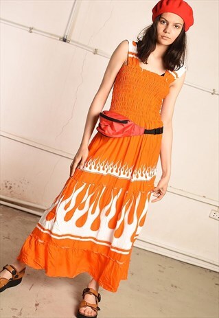 90'S RETRO FIRE PRINT PRINT FESTIVAL MAXI DRESS