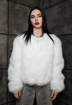 Collarless faux fur coat white cropped fluffy luxury bomber