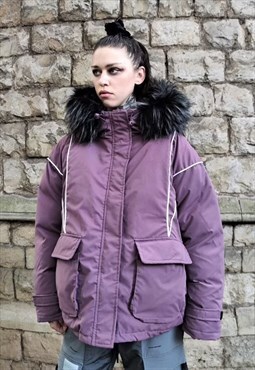 Loose fit cargo puffer thick bomber puffa jacket in purple