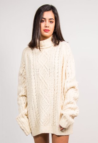 90'S VINTAGE CREAM KNIT ROLL NECK JUMPER DRESS