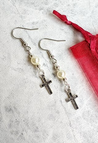 HANDMADE TRADITIONAL CROSS FAUX PEARL EARRINGS