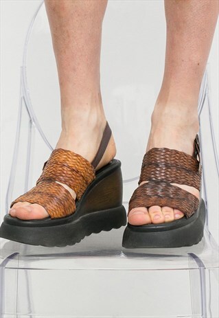 VINTAGE PLATFORM SANDALS BRAIDED ITALIAN BROWN LEATHER SHOES