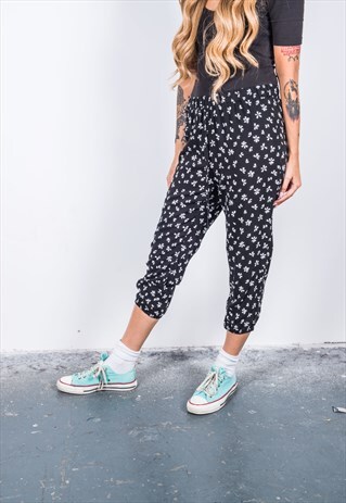 VINTAGE BLACK AND WHITE PATTERNED CROPPED TROUSERS