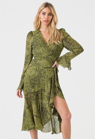 MIDI WRAP DRESS IN GREEN SNAKE PRINT