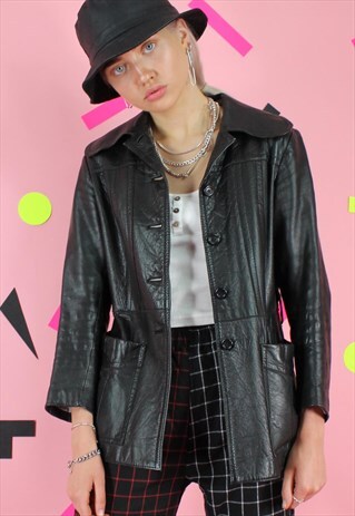 VINTAGE 90S LEATHER JACKET BLACK Y2K W/ BELT AND POCKETS
