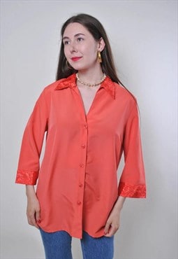 Vintage 90s secretary blouse, flowers retro shirt LARGE size