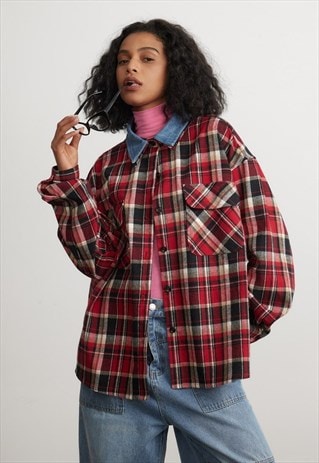 LUMBERJACK SHIRT LONG SLEEVE DENIM NECKLINE BLOUSE PLAID TOP