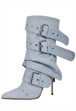 Denim Pointed Toe Buckles Stiletto Ankle Boots