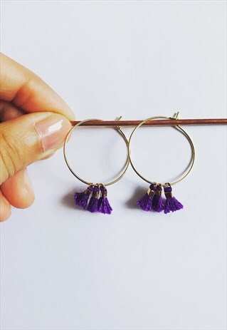 PURPLE MINI TASSEL GOLD HOOPS