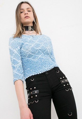 VINTAGE POPCORN TOP BLUE MID SLEEVE STRETCHY FORM FITTING