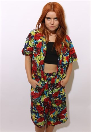 VINTAGE 1980'S 80'S PRINTED COTTON 2-PIECE SHORTS ROMPER S-M