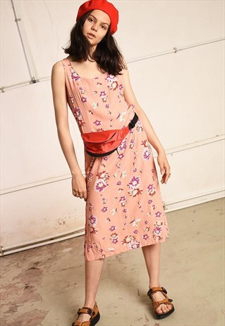 90'S RETRO PEACH FLORAL PRINT PARIS CHIC MIDI DRESS