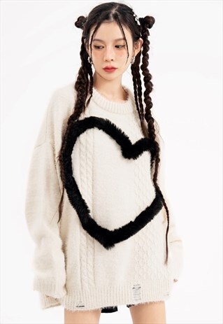 Heart sweater knitted fleece jumper distressed top in cream