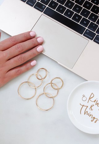 GOLD TRIPLE HOOP LINK DROP DANGLE EARRINGS