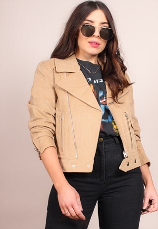 VINTAGE 80S DENIM BIKER JACKET IN BEIGE WASH