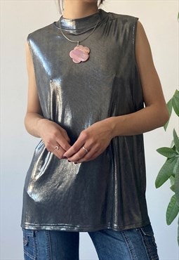 Vintage Y2K 00's Silver Metallic Oversized Sleeveless Top