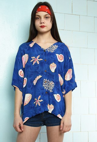 90'S RETRO SEASHELL PRINT LOOSE-FITTING FESTIVAL BLOUSE TOP