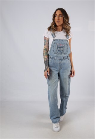 VINTAGE DENIM DUNGAREES WIDE TAPERED LEG UK 10 SMALL (FA5I)