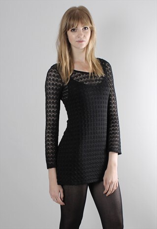 VINTAGE 90S BLACK LACE MESH TEXTURED MINI DRESS
