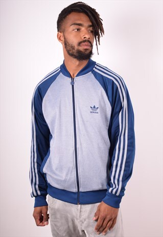ADIDAS MENS VINTAGE TRACKSUIT TOP JACKET LARGE BLUE 90S