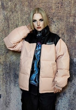 Faux leather bomber contrast puffer jacket in pastel pink