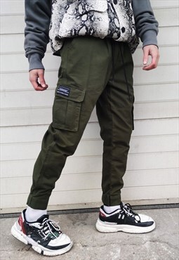 Cargo pocket joggers straight fit beam Velcro overalls green