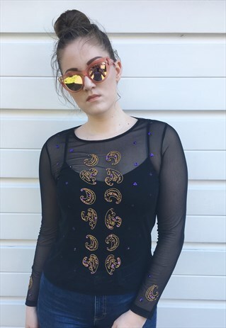 WOMENS VINTAGE 90S BLACK MESH TOP EMBROIDERED BOHO SHIRT